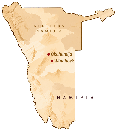 Map of Namibia showing Okahandja, Windhoek and Northern Namibia