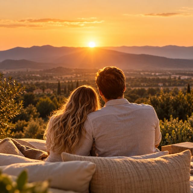Two people watching the sun set over a valley