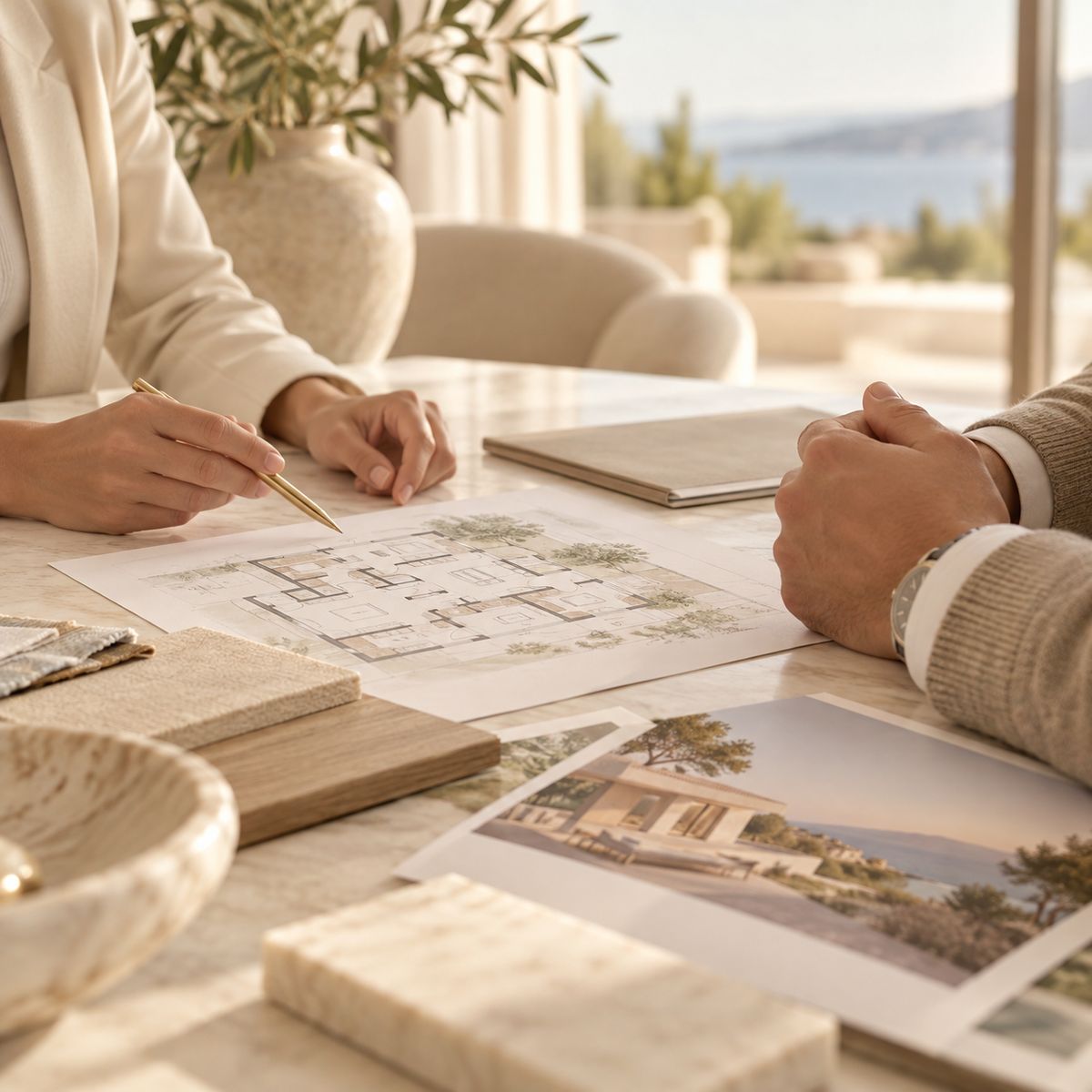 Two people reviewing a property plan at a table